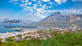  Presentation with panoramic - Beautiful presentation theme featuring beautiful-panoramic-view-on-harbor backdrop and a light blue colored foreground