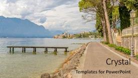  Presentation with peaceful - Slides consisting of beautiful-peaceful-lake-garda-italy background and a coral colored foreground