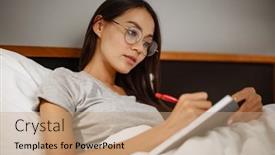  Presentation with writing notes - Amazing presentation design having beautiful-pensive-asian-woman-writing backdrop and a coral colored foreground