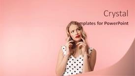  Presentation with pink - Amazing presentation design having beautiful pensive young blonde woman wearing dress standing isolated over pink background talking on mobile phone backdrop and a lemonade colored foreground