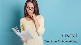  Presentation with girl reading - Presentation theme having beautiful pensive young girl in eyeglasses reading book over blue background background and a light blue colored foreground