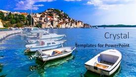  Presentation with dalmatia - Slide set consisting of beautiful places of croatia - magnifiicent medieval coastal town sibenik in dalmatia background and a light blue colored foreground