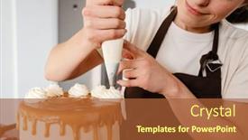  Presentation with cream - Slide deck with beautiful-pleased-baker-woman-smiling background and a red colored foreground