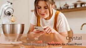  Presentation with pastry chef - Cool new slide deck with beautiful-pleased-pastry-chef-woman backdrop and a coral colored foreground