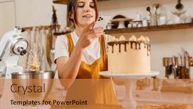  Presentation with pastry chef - PPT layouts enhanced with beautiful-pleased-pastry-chef-woman background and a gold colored foreground