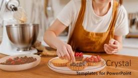  Presentation with pastry chef - Amazing slide deck having beautiful-pleased-pastry-chef-woman backdrop and a red colored foreground