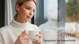  Presentation with drinking glass - Cool new PPT layouts with beautiful-pleased-woman-drinking-coffee backdrop and a coral colored foreground