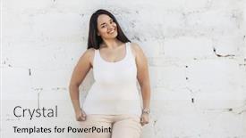  Presentation with white brick wall - Audience pleasing presentation consisting of beautiful plus size female model dressed in blank white shirt posing over brick wall background backdrop and a soft green colored foreground