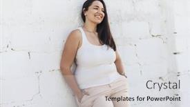  Presentation with white brick wall - Presentation theme featuring beautiful plus size female model dressed in blank white shirt posing over brick wall background background and a light gray colored foreground