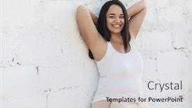  Presentation with white brick wall - Cool new PPT theme with beautiful plus size female model dressed in blank white shirt posing over brick wall background backdrop and a light gray colored foreground