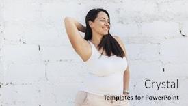  Presentation with white brick wall - Slide set enhanced with beautiful plus size female model dressed in blank white shirt posing over brick wall background background and a light gray colored foreground