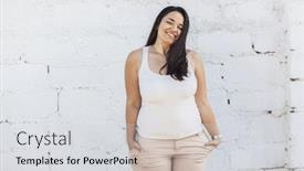  Presentation with white brick - Beautiful slide set featuring beautiful plus size female model dressed in blank white shirt posing over brick wall background backdrop and a light gray colored foreground