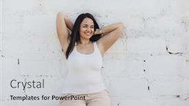  Presentation with white brick wall - Presentation design with beautiful plus size female model dressed in blank white shirt posing over brick wall background background and a light gray colored foreground