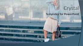  Presentation with plus size fashion model - PPT theme featuring beautiful plus size model with blond curly hair wearing grey knitted sweater and pastel skirt posing on city street fashion everyday outfit for cold season background and a light gray colored foreground