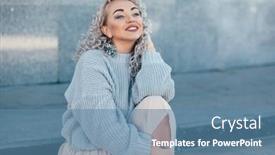  Presentation with plus size fashion model - Amazing PPT theme having beautiful plus size model with blond curly hair wearing grey knitted sweater and silver earrings posing on city street fashion everyday outfit for cold season backdrop and a teal colored foreground