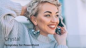  Presentation with plus size fashion model - Amazing PPT layouts having beautiful plus size model with blond curly hair wearing grey knitted sweater and silver earrings posing on city street fashion everyday outfit for cold season backdrop and a light blue colored foreground