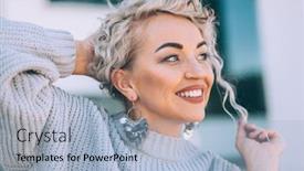  Presentation with plus size fashion model - Slide deck consisting of beautiful plus size model with blond curly hair wearing grey knitted sweater and silver earrings posing on city street fashion everyday outfit for cold season background and a light blue colored foreground