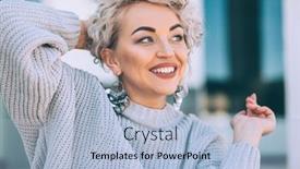  Presentation with plus size fashion model - Colorful slide deck enhanced with beautiful plus size model with blond curly hair wearing grey knitted sweater and silver earrings posing on city street fashion everyday outfit for cold season backdrop and a light blue colored foreground