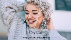  Presentation with plus size fashion model - Theme having beautiful plus size model with blond curly hair wearing grey knitted sweater and silver earrings posing on city street fashion everyday outfit for cold season background and a light blue colored foreground