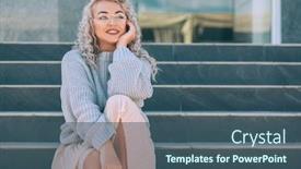 Presentation with plus size fashion model - Slide deck featuring beautiful plus size model with blond curly hair wearing grey knitted sweater and hipster glasses posing on city street fashion everyday outfit for cold season background and a ocean colored foreground