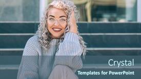  Presentation with plus size fashion model - Cool new theme with beautiful plus size model with blond curly hair wearing grey knitted sweater and hipster glasses posing on city street fashion everyday outfit for cold season backdrop and a ocean colored foreground