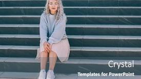  Presentation with plus size fashion model - PPT theme consisting of beautiful plus size model with blond curly hair wearing grey knitted sweater and hipster glasses posing on city street fashion everyday outfit for cold season background and a ocean colored foreground