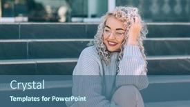  Presentation with plus size fashion model - Audience pleasing slide deck consisting of beautiful plus size model with blond curly hair wearing grey knitted sweater and hipster glasses posing on city street fashion everyday outfit for cold season backdrop and a ocean colored foreground