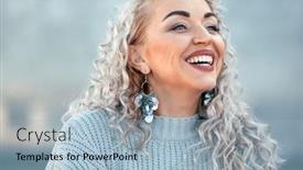  Presentation with plus size fashion model - PPT theme featuring beautiful plus size model with blond curly hair wearing grey knitted sweater and silver earrings posing on city street fashion everyday outfit for cold season background and a light blue colored foreground