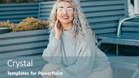  Presentation with plus size fashion model - Cool new theme with beautiful plus size model with blond curly hair wearing grey knitted sweater and hipster glasses posing on city street fashion everyday outfit for cold season backdrop and a seafoam green colored foreground