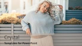  Presentation with plus size fashion model - Slide deck with beautiful plus size model with blond curly hair wearing grey knitted sweater and hipster glasses posing on city street fashion everyday outfit for cold season background and a mint green colored foreground