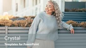  Presentation with plus size fashion model - Colorful PPT theme enhanced with beautiful plus size model with blond curly hair wearing grey knitted sweater and hipster glasses posing on city street fashion everyday outfit for cold season backdrop and a gray colored foreground