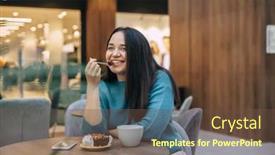  Presentation with coffe - PPT theme featuring beautiful plus size woman eating dessert with coffe while resting in cafe inside city mall background and a tawny brown colored foreground