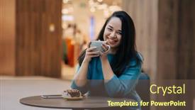  Presentation with coffe - Beautiful slide deck featuring beautiful plus size woman eating dessert with coffe while resting in cafe inside city mall backdrop and a tawny brown colored foreground
