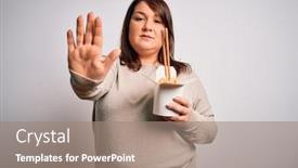  Presentation with asian food - Audience pleasing PPT theme consisting of beautiful-plus-size-woman-eating backdrop and a coral colored foreground