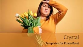  Presentation with tulips - Audience pleasing PPT theme consisting of beautiful-plus-size-woman-holding backdrop and a gold colored foreground