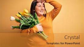  Presentation with hand holding flowers - Beautiful slide deck featuring beautiful-plus-size-woman-holding backdrop and a gold colored foreground