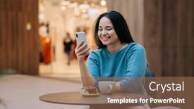  Presentation with coffe - Amazing slide deck having beautiful plus size woman using mobile phone and eating dessert with coffe while resting in cafe inside city mall backdrop and a violet colored foreground