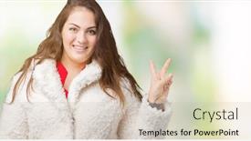  Presentation with sheep - Theme with beautiful plus size young woman wearing winter sheep coat over isolated background smiling with happy face winking at the camera doing victory sign number two background and a soft green colored foreground