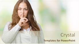  Presentation with secret - Colorful presentation theme enhanced with beautiful plus size young woman wearing winter jacket over isolated background asking to be quiet with finger on lips silence and secret concept backdrop and a soft green colored foreground