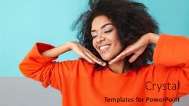  Presentation with blue orange - Amazing presentation design having beautiful positive woman in orange shirt looking on camera with smile and keeping hands at face isolated over blue background backdrop and a red colored foreground