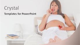  Presentation with pregnant - Slides having beautiful pregnant female eating some strawberries while lying on a bed in her apartment background and a light gray colored foreground