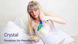  Presentation with muesli - PPT theme having beautiful pregnant girl pouring milk in bowl with muesli background and a sky blue colored foreground