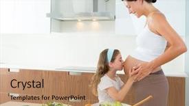  Presentation with pregnant mother - Presentation theme having beautiful pregnant mother with her daughter at kitchen kissing baby in belly background and a coral colored foreground