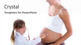  Presentation with pregnant woman doctor - Cool new slide set with beautiful pregnant woman and kid girl as doctor with stethoscope checking her belly backdrop and a white colored foreground
