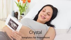  Presentation with hospital bed - Presentation design consisting of beautiful pregnant woman looking at sonography report while lying in bed at hospital background and a coral colored foreground