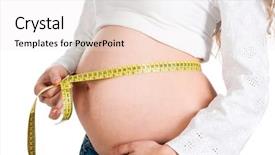  Presentation with stomach - Beautiful PPT theme featuring beautiful pregnant woman measures her stomach isolated on white backdrop and a sky blue colored foreground