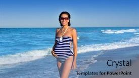  Presentation with vacation - Audience pleasing presentation design consisting of woman walking on blue beach backdrop and a teal colored foreground