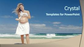  Presentation with sunscreen - Colorful slide set enhanced with beautiful pregnant woman in the beach with smile on the belly made with sunscreen backdrop and a ocean colored foreground