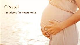 Presentation with calm sea - Presentation design with beautiful pregnant woman on the beach touching her belly with love and care relax by the calm sea in sunshine background and a cream colored foreground