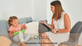  Presentation with consulting - PPT layouts having beautiful psycologist and blond toddler girl sitting on the sofa doing therapy drawing using digital board at consulting room background and a coral colored foreground